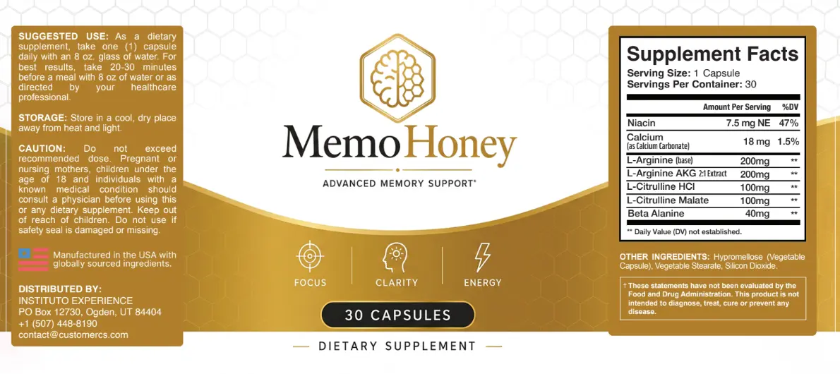 MemoHoney product label and Supplement Facts panel